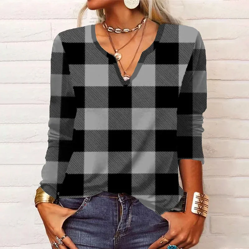 Plaid V-neck T-shirt