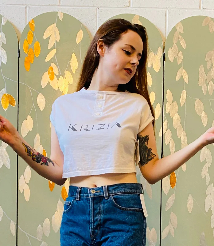 Vintage 1980s White Cropped Krizia Logo T Shirt, Medium