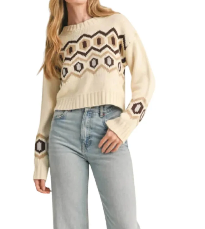 Cropped Geometric Knit Sweater In Cream